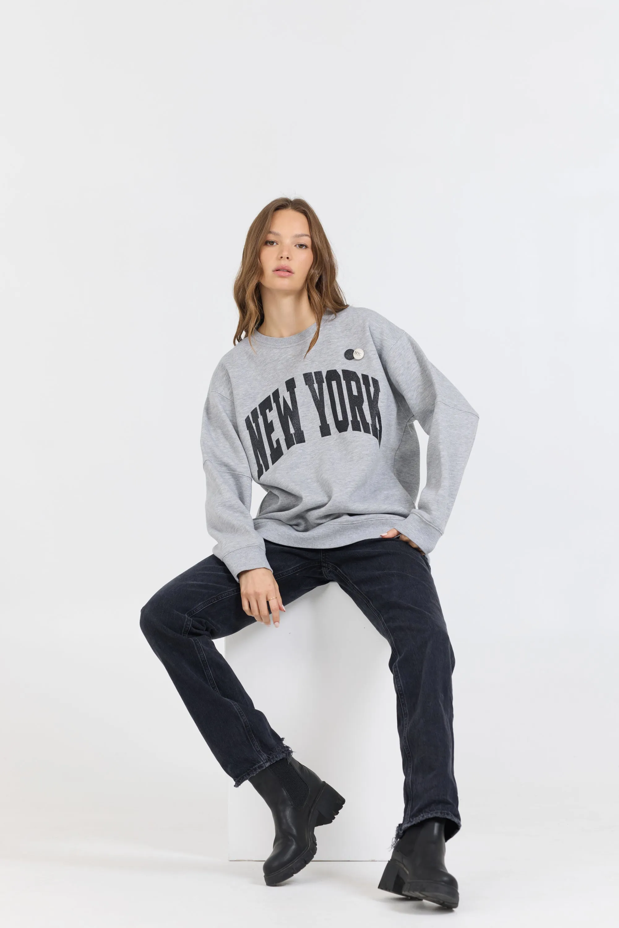 Heather Grey W/ Black Garment Dye Fleece Crew W/ Glitter Print sold by Vintage Havana product image thumbnail 4