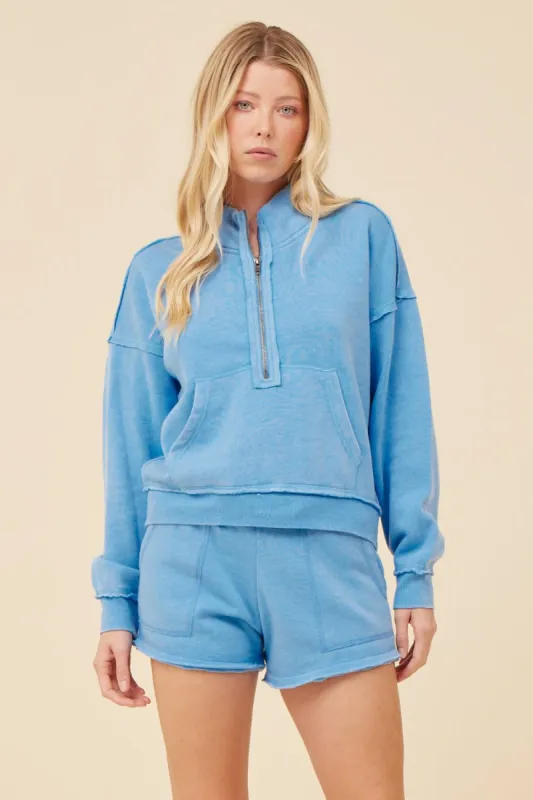 French Blue Solid Burnout Fleece Quarter Zip Sweater sold by Vintage Havana