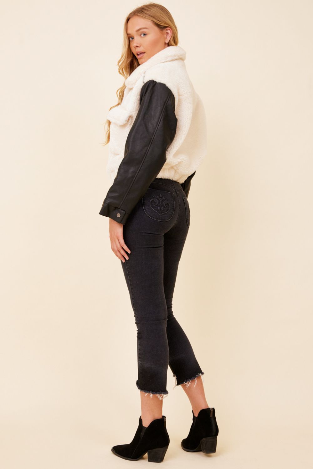 Arctic Wolf Sherpa & Black Faux Leather Mixed Media Bomber sold by Vintage Havana product image thumbnail 4