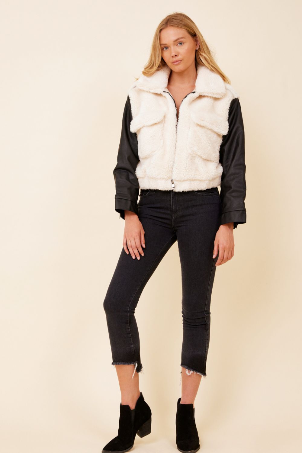 Arctic Wolf Sherpa & Black Faux Leather Mixed Media Bomber sold by Vintage Havana product image thumbnail 3