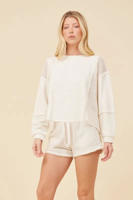 Champagne White French Terry Mesh Crochet Crewneck sold by Vintage Havana
