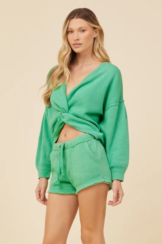 Surf Green Solid Burnout Fleece Front Twist Top sold by Vintage Havana