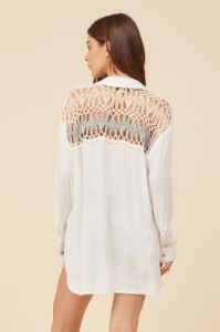 White W/ White Tan Olive Crochet Yoke Button Front Shirting sold by Vintage Havana