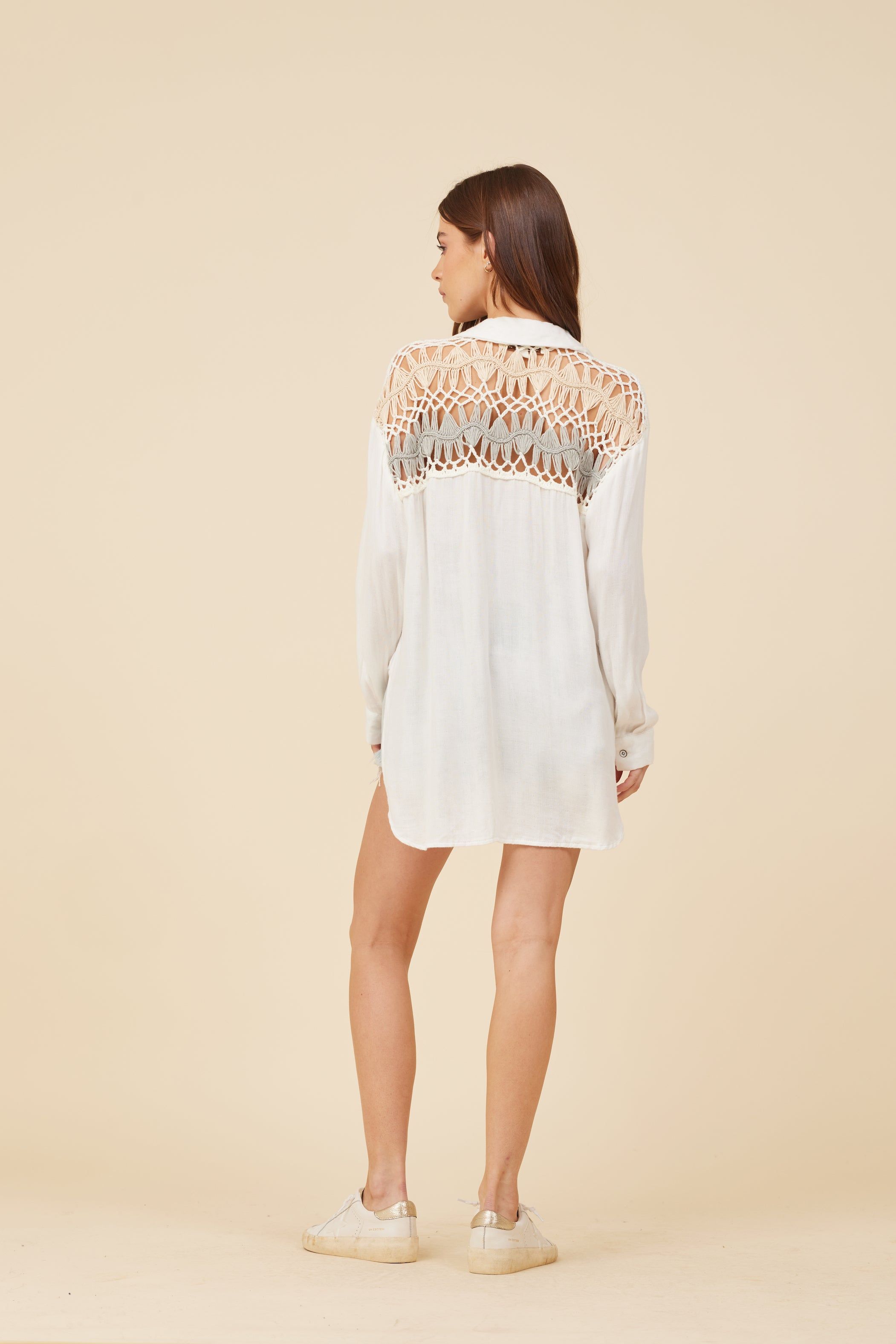 White W/ White Tan Olive Crochet Yoke Button Front Shirting sold by Vintage Havana product image thumbnail 4