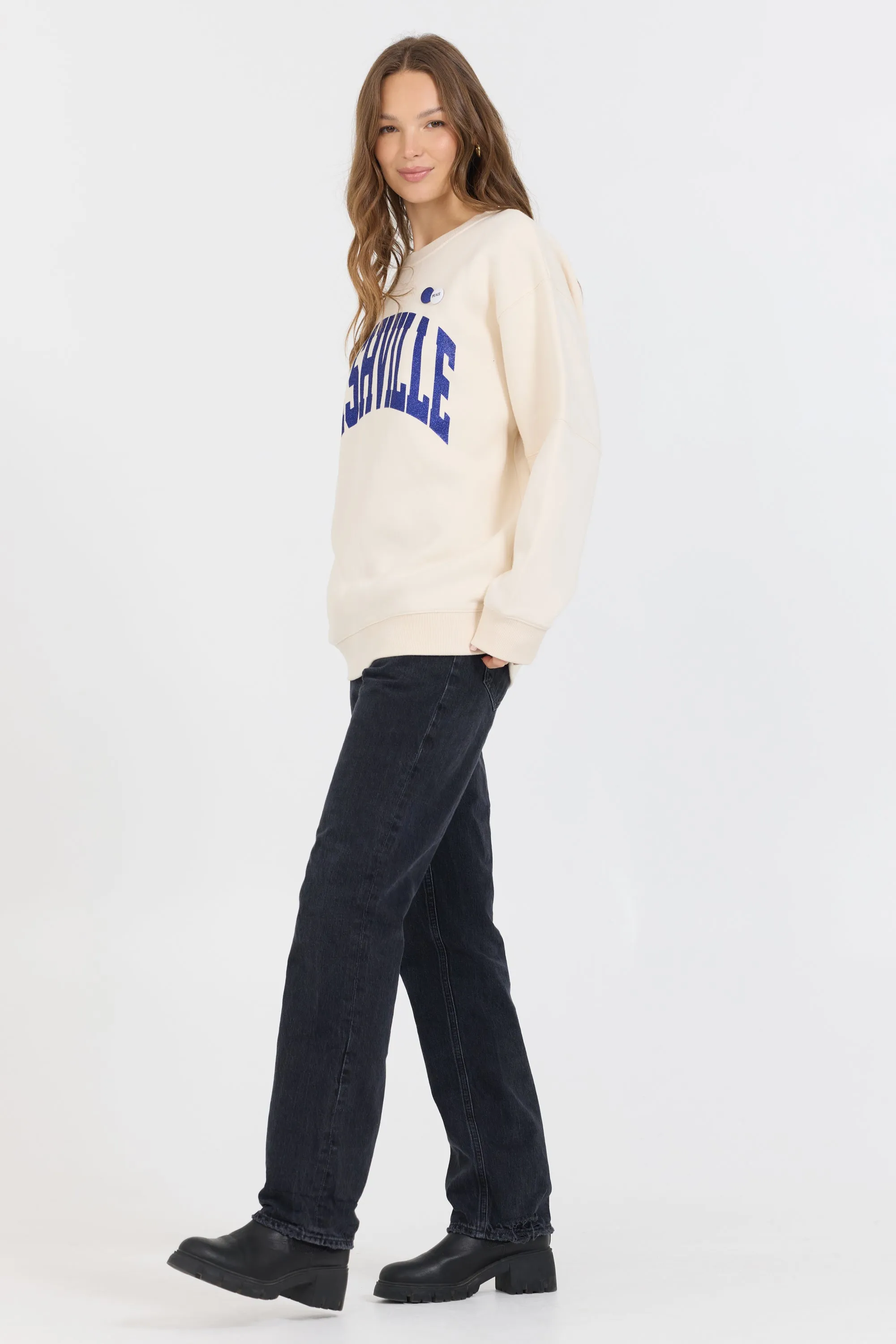 Cream W/ Royal Blue Garment Dye Fleece Crew W/ Glitter Print sold by Vintage Havana product image thumbnail 3