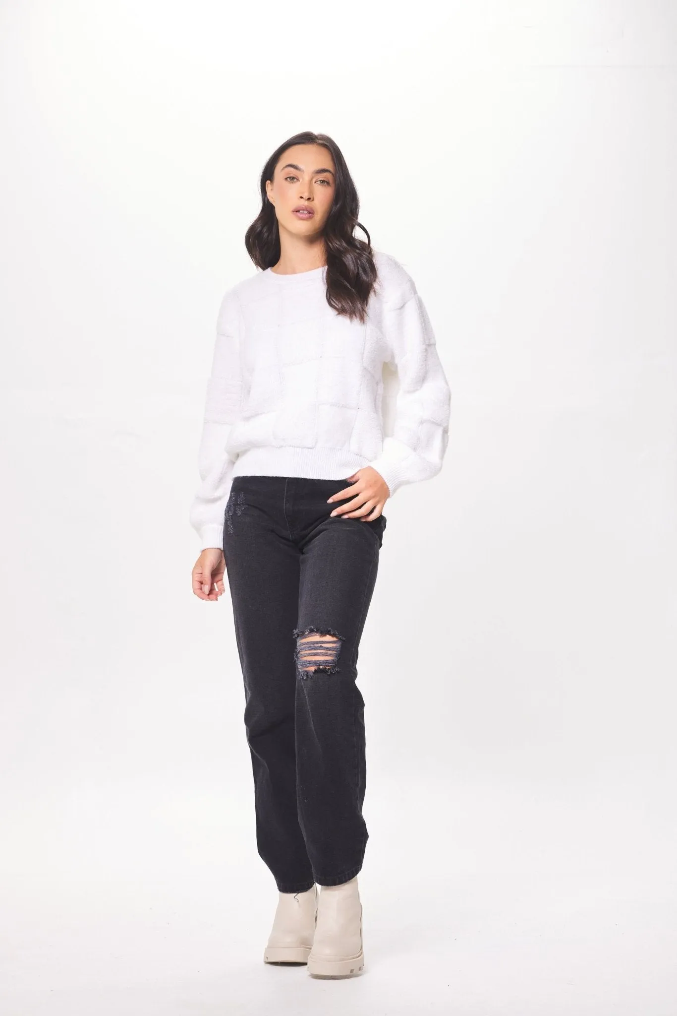 Ivory Tonal Checkered Crewneck Sweater sold by Vintage Havana product image thumbnail 3
