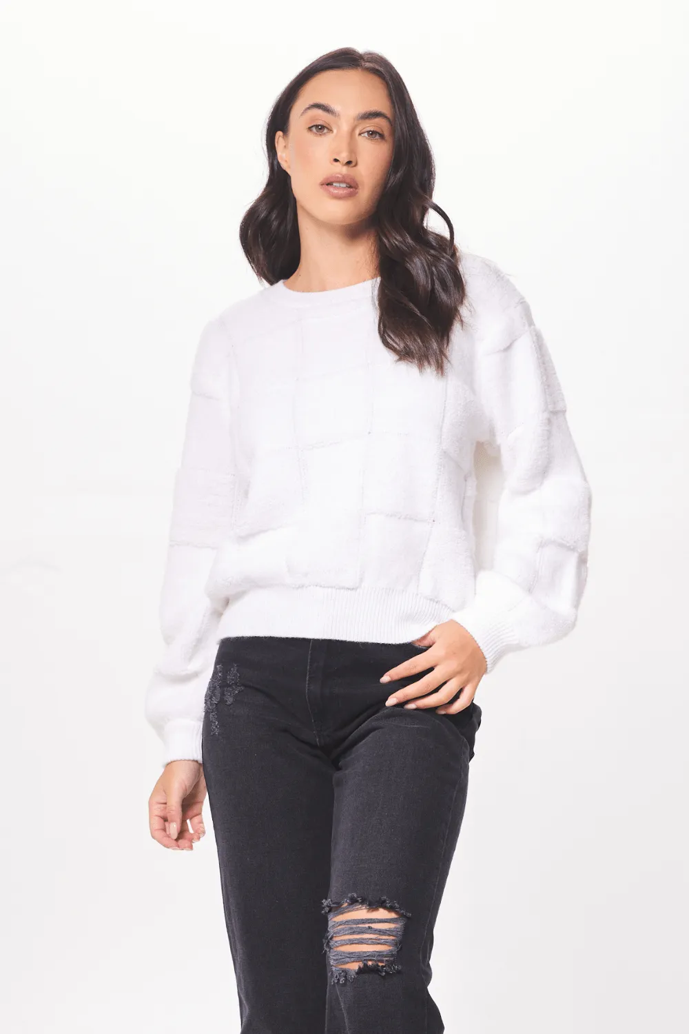 Ivory Tonal Checkered Crewneck Sweater sold by Vintage Havana