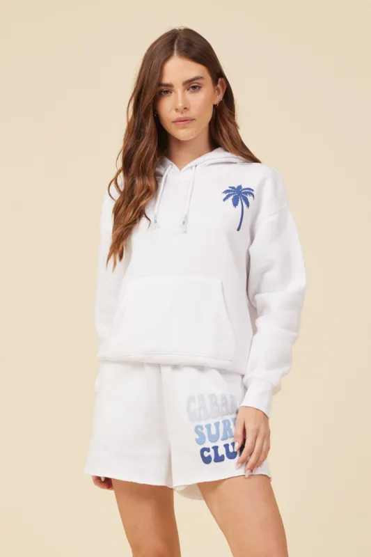 White W/ Multi Blue Puff Print "Cabana Club" Surf Wash Hoodie sold by Vintage Havana