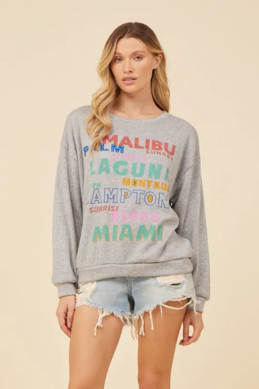 Heather Grey w/ Multi Color Print Destinations Crewneck sold by Vintage Havana