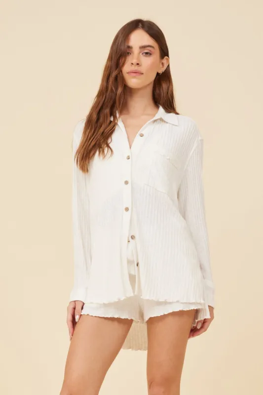 White Rib Button Front Shirt W/ Lettuce Edge sold by Vintage Havana