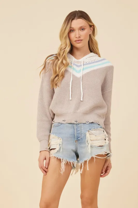 Taupe White Blue Combo Hooded Sweater W/ Varsity Stripe sold by Vintage Havana
