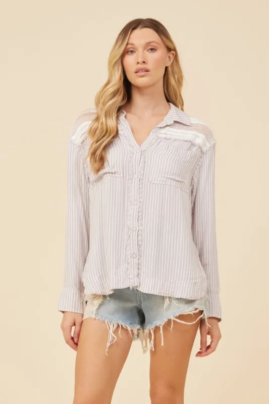 Khaki/ White Stripe W/ Crochet Button Front Shirting Detail sold by Vintage Havana