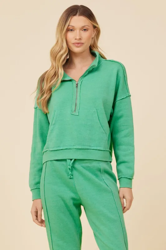 Surf Green White Solid Burnout Fleece Quarter Zip Sweatshirt sold by Vintage Havana