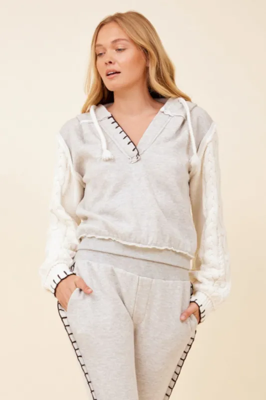 Heather Grey & Ivory w/ Chocolate Stitching Novelty Sweater Sleeve Hoodie sold by Vintage Havana