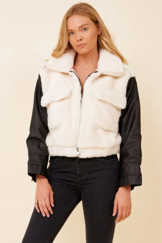 Arctic Wolf Sherpa & Black Faux Leather Mixed Media Bomber sold by Vintage Havana