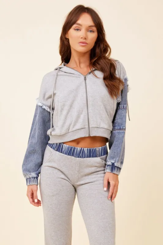 Heathered Grey & Washed Denim Fleece Combo Zip Up Hoodie sold by Vintage Havana