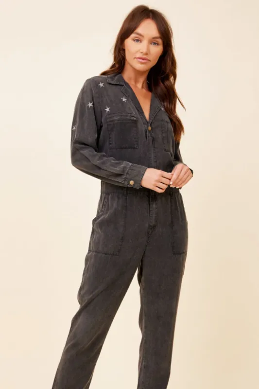 Washed Black Tencel Star Embroidered Jumpsuit sold by Vintage Havana