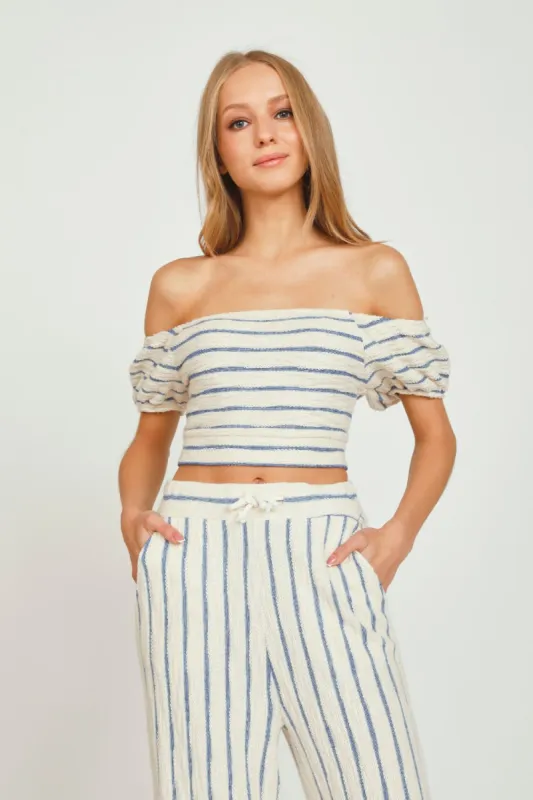 Ivory/Blue Stripe Loopy Knit Puff Sleeve Top sold by Vintage Havana