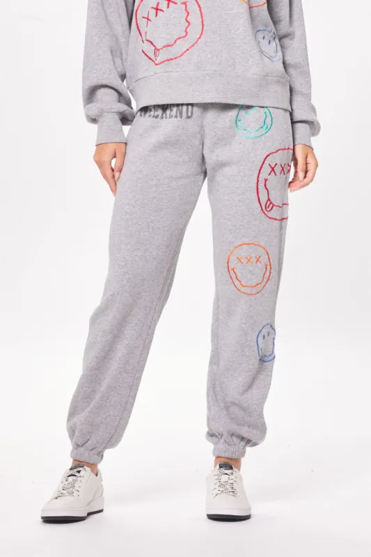 Heather Grey Burnout Fleece Joggers w/ Smiley Embroidery sold by Vintage Havana