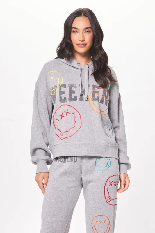 Heather Grey Burnout Fleece Hoodie w/ Smiley Embroidery sold by Vintage Havana