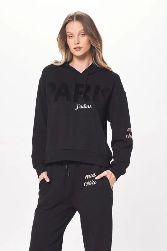 Black Paris Applique Fleece Hoodie sold by Vintage Havana