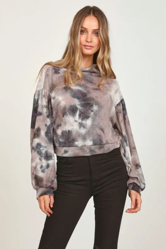 Black Tie Dye Mock Neck Balloon Sleeve Top sold by Vintage Havana