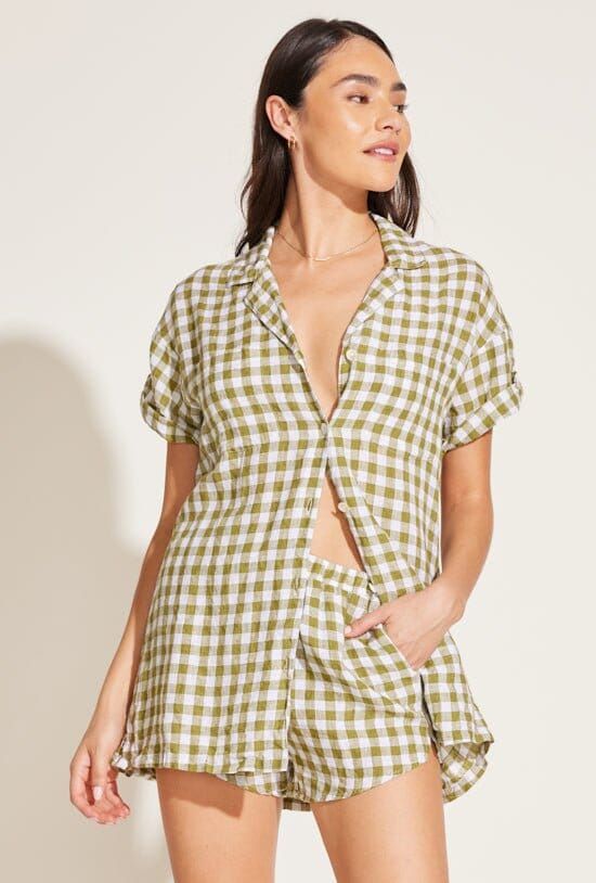 Short Sleeve Cabana Set - EcoLinen Avocado Gingham sold by Vitamin A product image thumbnail 2