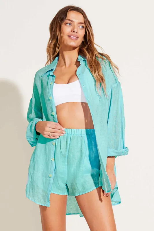 Playa Linen Boyfriend Shirt - Aqua EcoLinen sold by Vitamin A