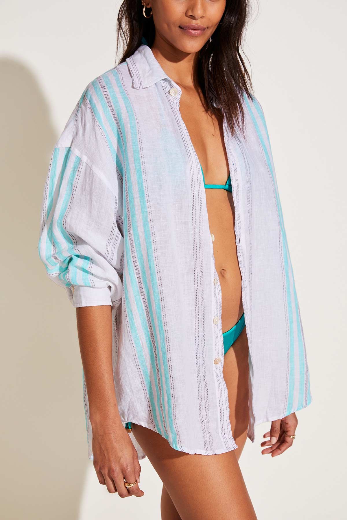 Playa Linen Boyfriend Shirt - Seychelle Stripe EcoLinen sold by Vitamin A product image thumbnail 3