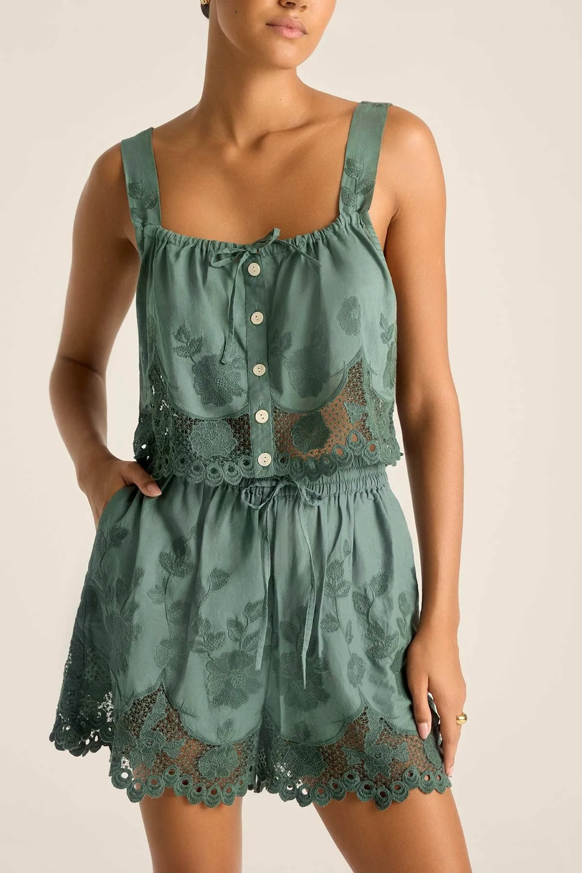 Flora Tank - Sea Green Beachside Broderie sold by Vitamin A