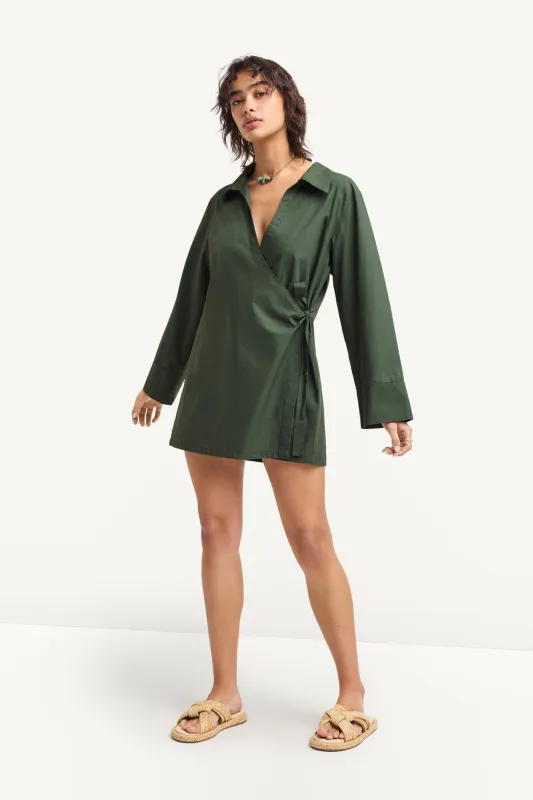 Elodie Wrap Dress - Forest Cotton Poplin sold by Vitamin A