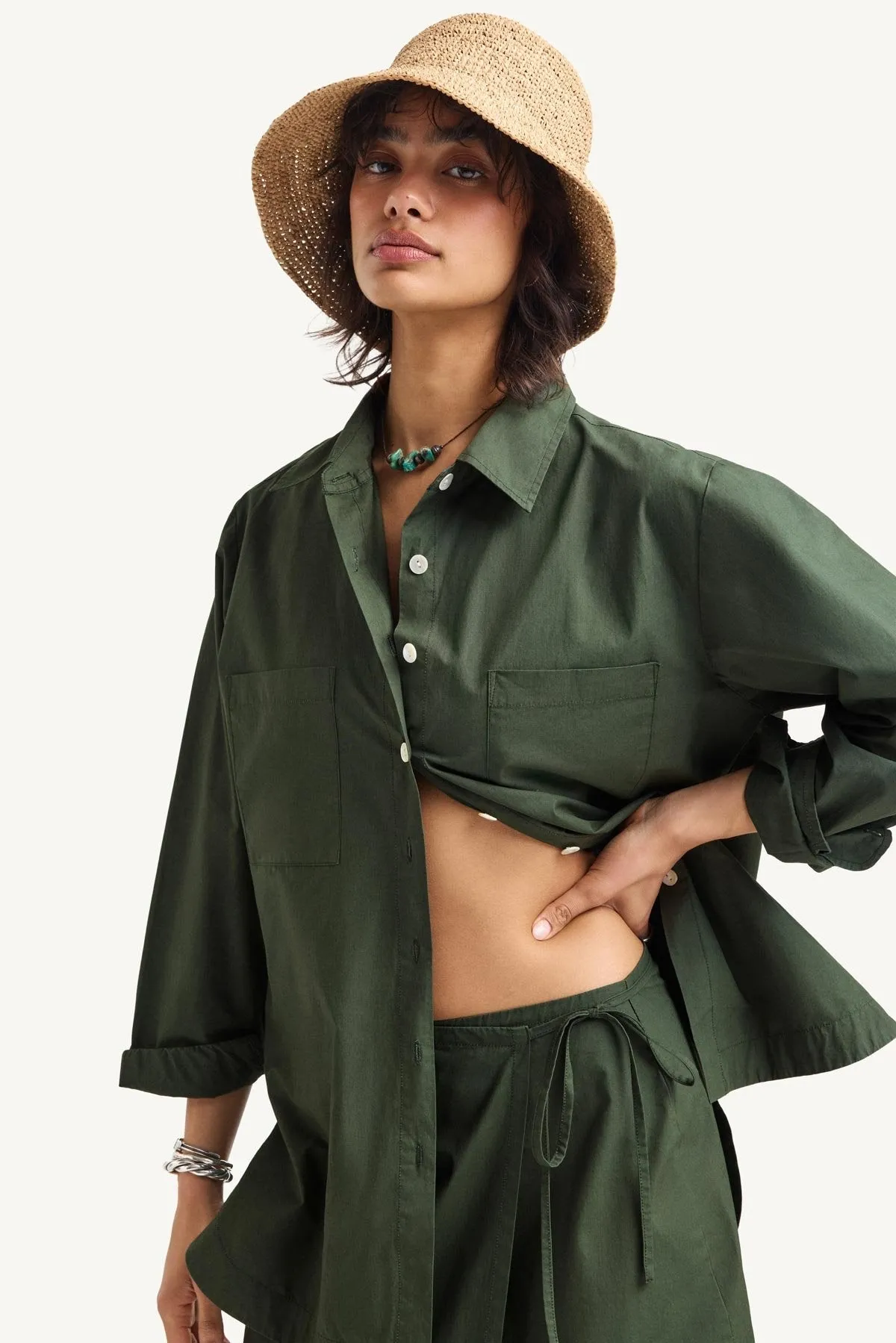 Nadia Shirt - Forest Cotton Poplin sold by Vitamin A