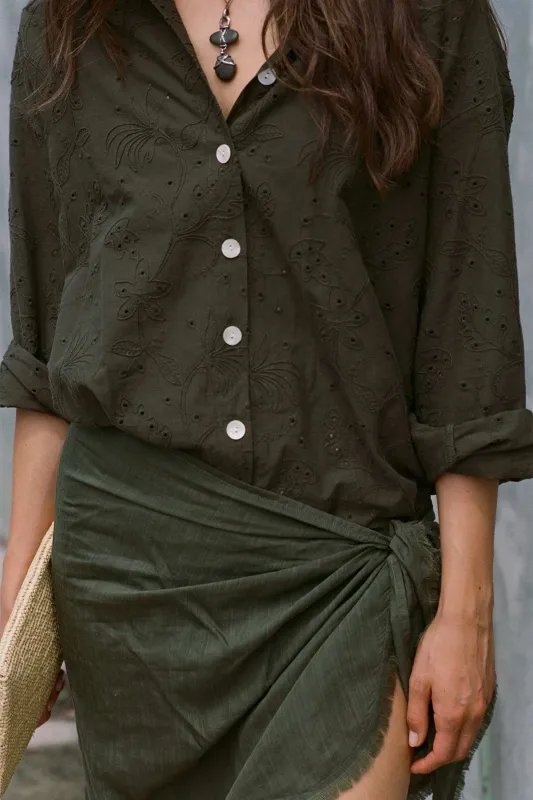 Playa Boyfriend Shirt - Olive Tropical Eyelet sold by Vitamin A