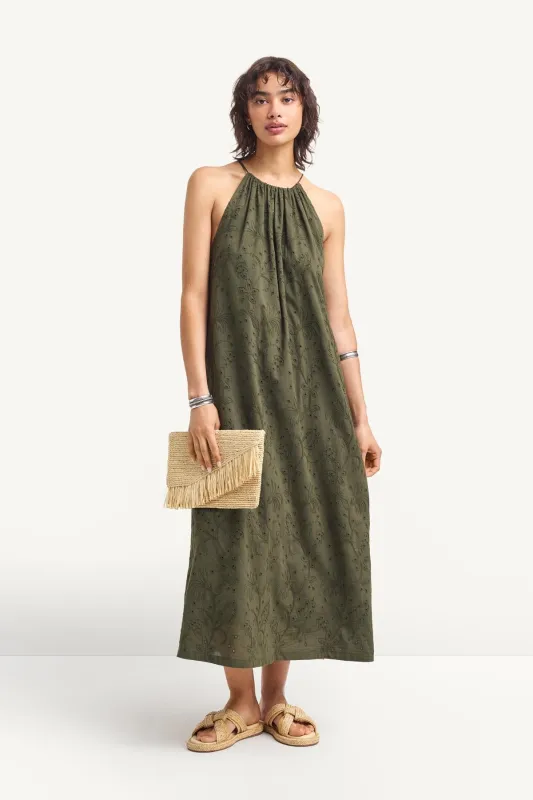 Alora High Neck Dress - Olive Tropical Eyelet sold by Vitamin A