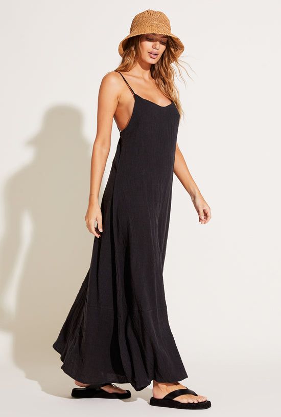 Mari Maxi Dress - Black Crinkle Linen sold by Vitamin A