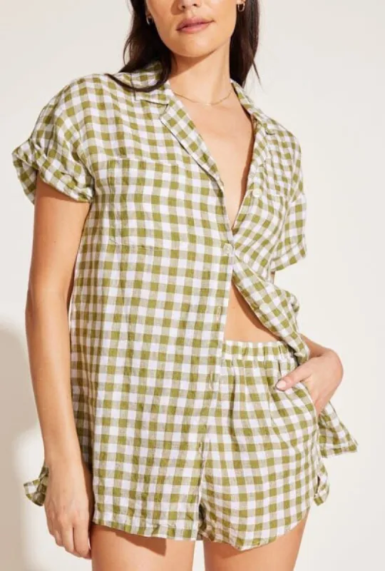 Tallows Linen Short - EcoLinen Avocado Gingham sold by Vitamin A