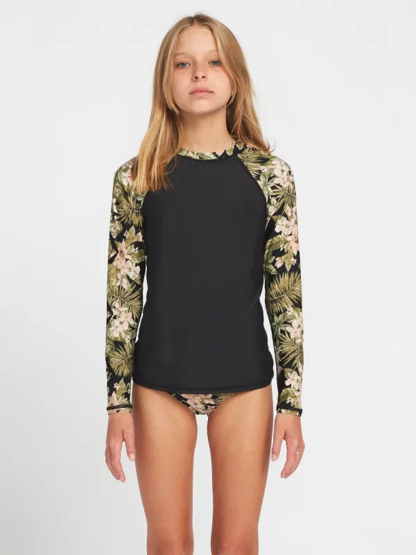 Girls Midnight Tropic Long Sleeve UPF 50 Rashguard - Shadow Lime made by Volcom