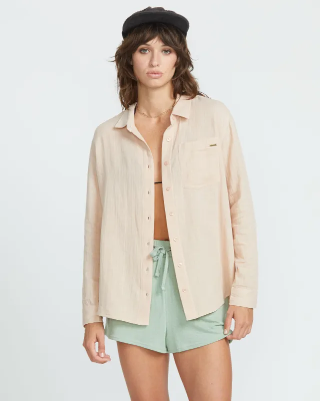 Lived in Lounge Button Up Long Sleeve - Champagne Gold sold by Volcom