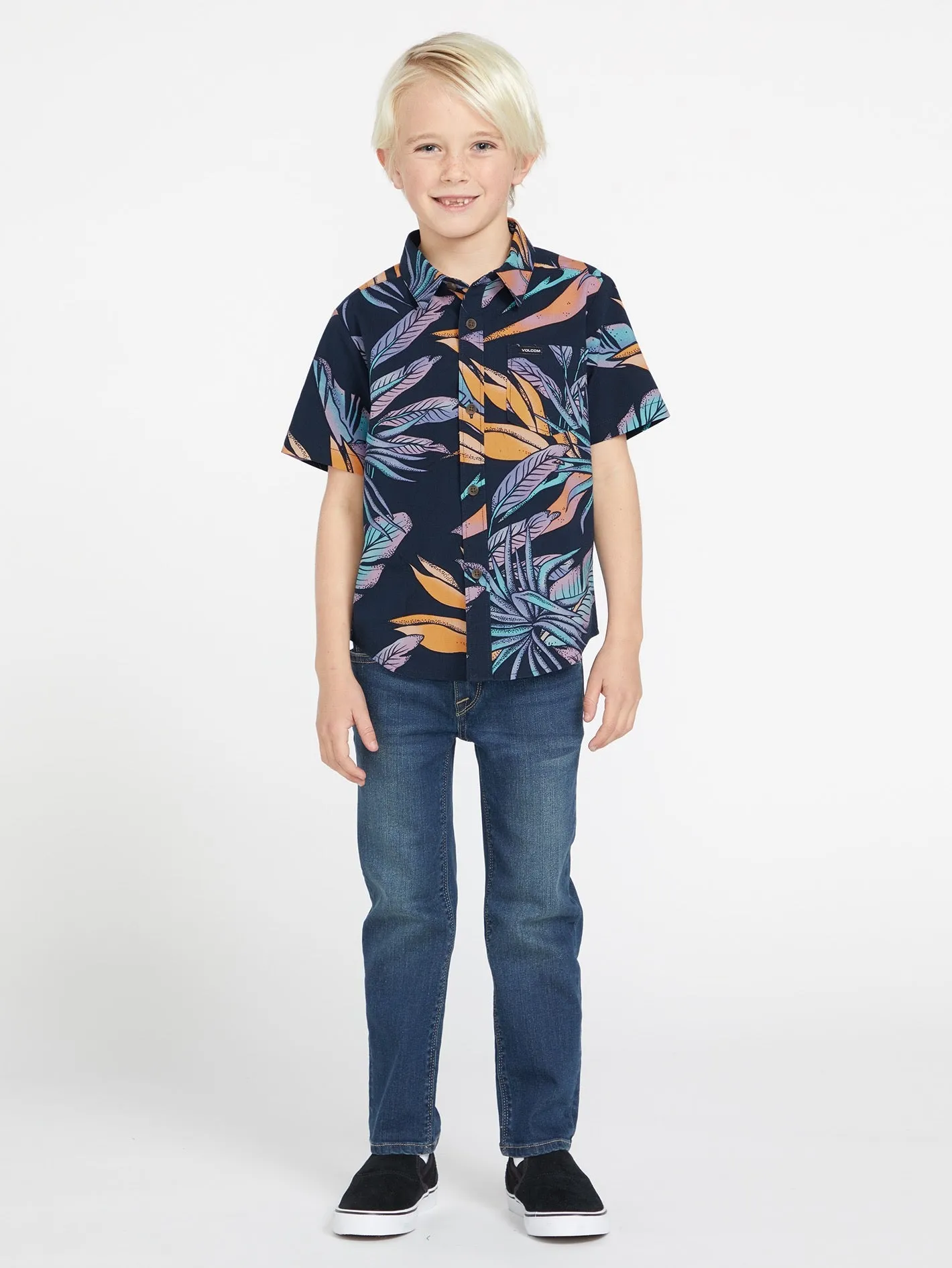Little Boys Indo Spray Floral Woven Short Sleeve Shirt - Navy sold by Volcom