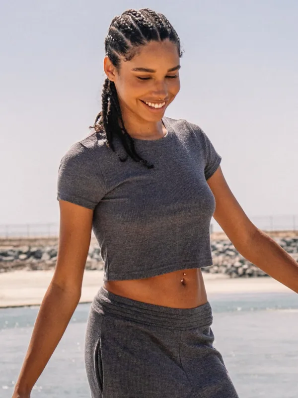 Lived In Lounge Short Sleeve Ribbed Crop Top - Black sold by Volcom