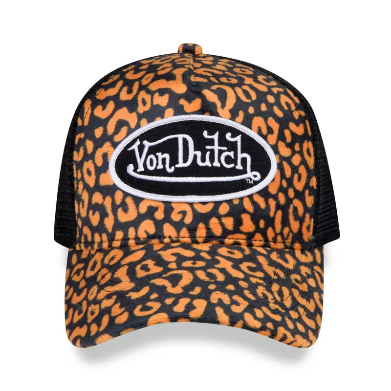 Orange Cheetah Velvet Trucker Hat sold by Von Dutch