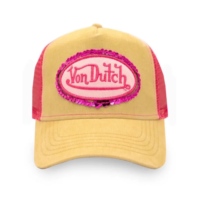 Pink Sequin on Beige Trucker Hat made by Von Dutch