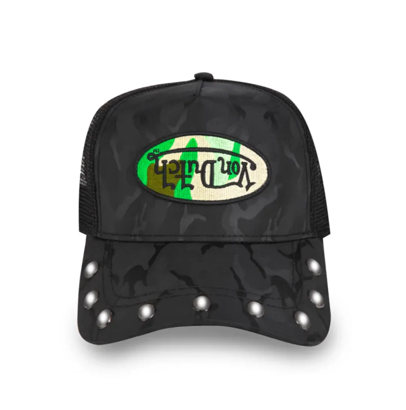 415 Black & Green Studded Trucker Hat sold by Von Dutch