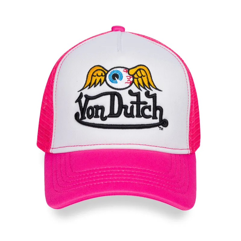 Hot Pink Flying Eyeball Wordmark Trucker Hat made by Von Dutch