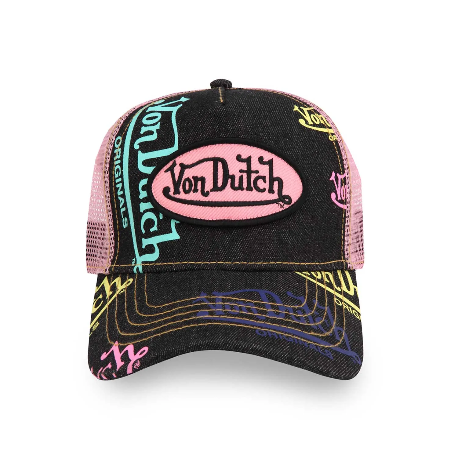 Von Dutch Dark Denim Pink Logo Trucker Hat Parallel