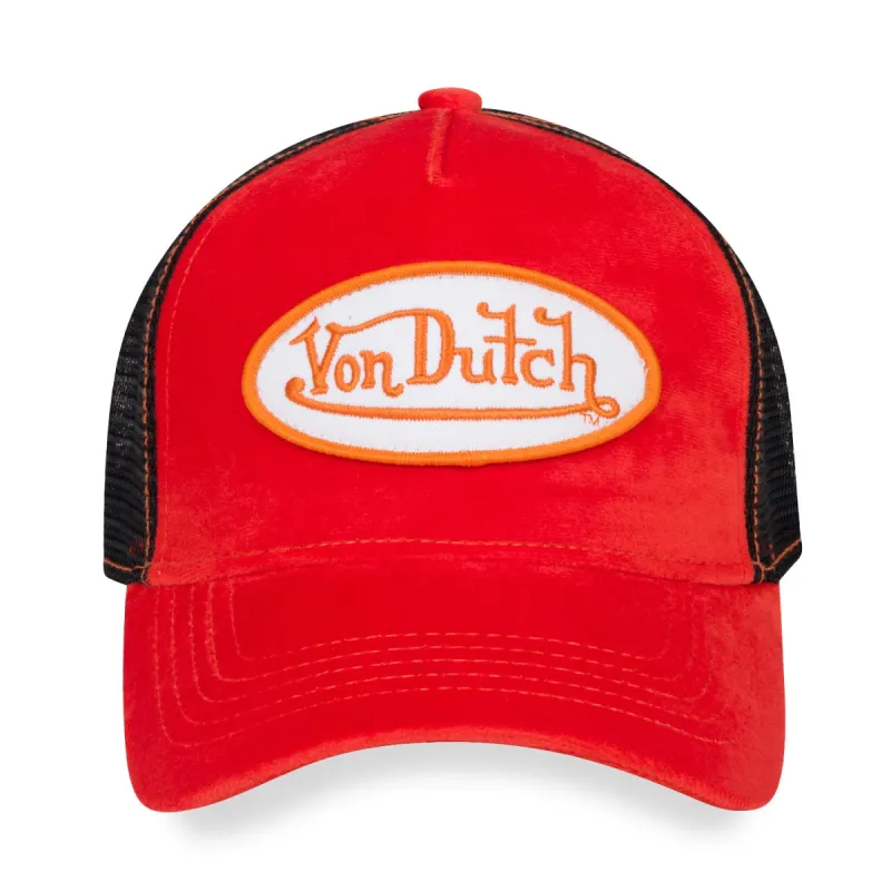 Red Orange & Black Velvet Trucker sold by Von Dutch