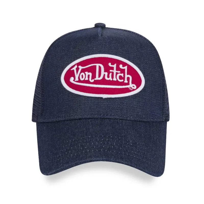 Von Dutch Dark Denim with Red & White Logo Trucker Hat sold by Von Dutch