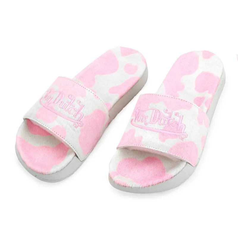 Pink & White Cow Print Pony Hair Slides sold by Von Dutch