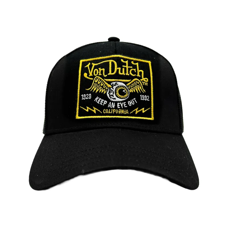 Black and Yellow Keep.An.Eye.Out Trucker Hat sold by Von Dutch