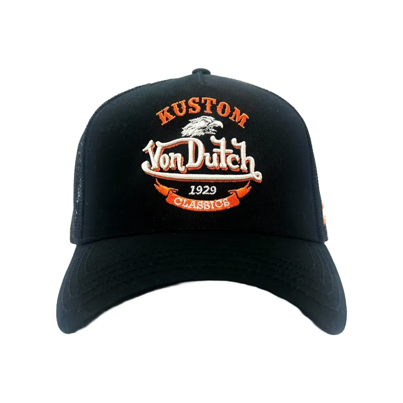 Black and Orange Kustom Classics Logo Trucker Hat sold by Von Dutch